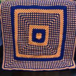 Handmade and Crochet Granny Square Blue and Orange Lap Blanket 