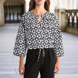 Jason Wu Women’s Black and White Geometric Print Long Sleeve Cropped Blouse Sz M