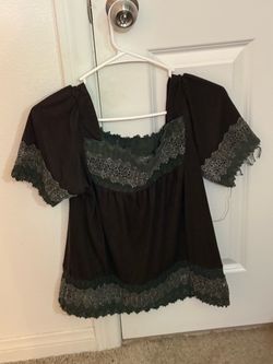 Black Lace Trim Short Sleeve Blouse