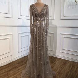 Womens Formal Gold Long Sleeves Beaded Prom Homecoming Evening Dress Size 4-6