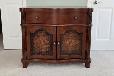Cherry Wood Rattan Accent Cabinet