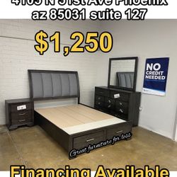 4 PCs Queen Size Bedroom Set  Grey Wood Include Bed Frame Dresser Mirror And 1 Nightstand Brand New