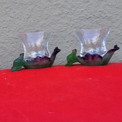 Daum Pate de Verre Green & Purple Frog Motif Votive Vases