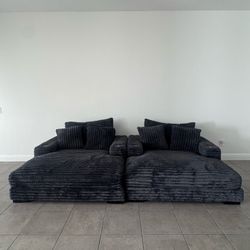 2 Oversized Dark Grey Corduroy Chaise Lounges