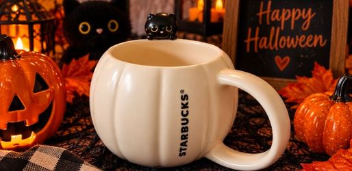 Starbucks Halloween Pumpkin Mug with Black Cat