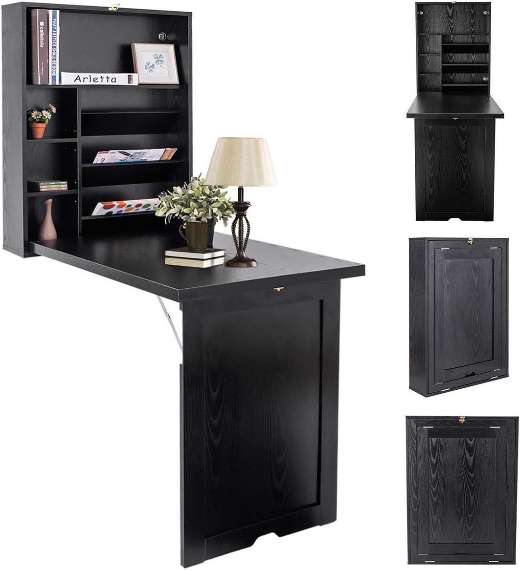 Folding Wall Mounted Desk, Fold Down Table with Storage Shelves, Wood Convertible Floating Table for Small Spaces, Murphy Desk Wall Mount for Home Off