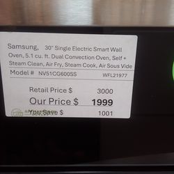 Samsung 30" Single electric smart wall oven, 5.1 cu ft. Dual convection oven, self + steam clean, air fry, steam cook, air sous vide