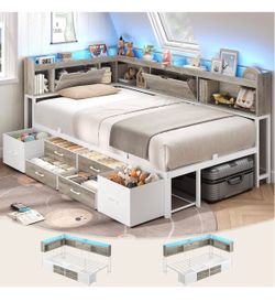 Open Box New -Twin Corner Bed Frame with Bookcase and Hidden Storage & Metal Platform Twin Size Daybed with 6 Drawers,Charging Station, Led Lights- fo