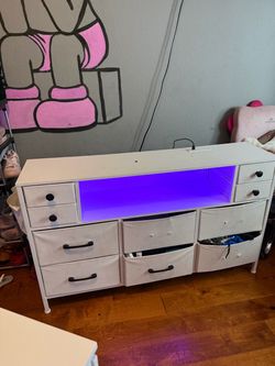 White Fabric Dresser with LED Light Strip