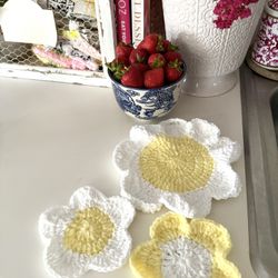 Handmade Crochet Flower Coasters and pot holder 3 pieces