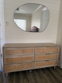 Modern Natural Wood & Rattan 6-Drawer Dresser | Gold Hardware