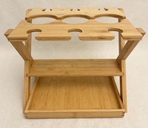 Luxuring Bamboo Wine Rack – Holds 3 Bottles & 6 Glasses + Bottle Opener (New)