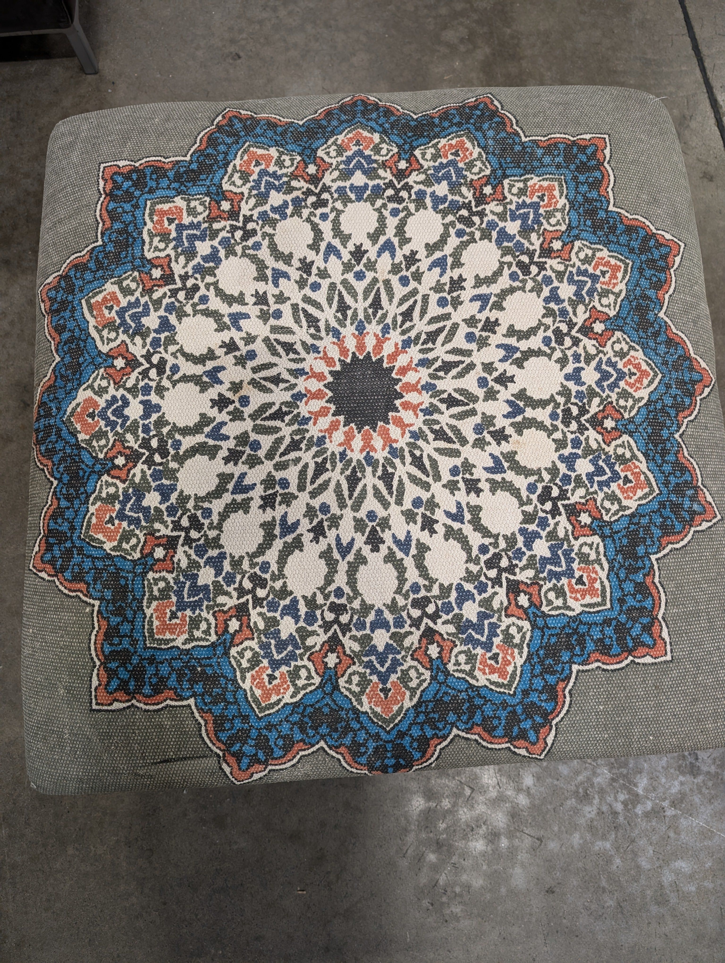 Decorative Upholstered Ottoman with Medallion Pattern and Nailhead Trim