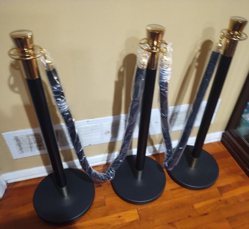 3-Black Stanchion, 5 ft Black Velvet Rope Red Carpet Ropes and Poles, Stainless Steel Stanchions Post Used for Theaters, Parties, Wedding, Exhibition,