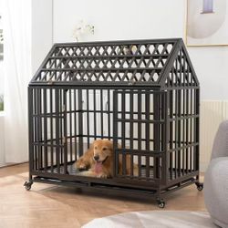 48 inch Heavy Duty Indestructible Dog Crate with Wheels and Trays 