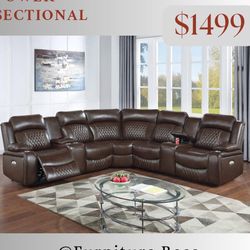 Brown Leather Sectional Sofa With Power Reclining Seats