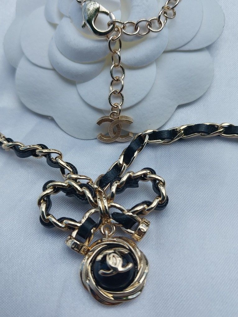 Gold Black Leather Bow Designer 18" Chocker Necklace