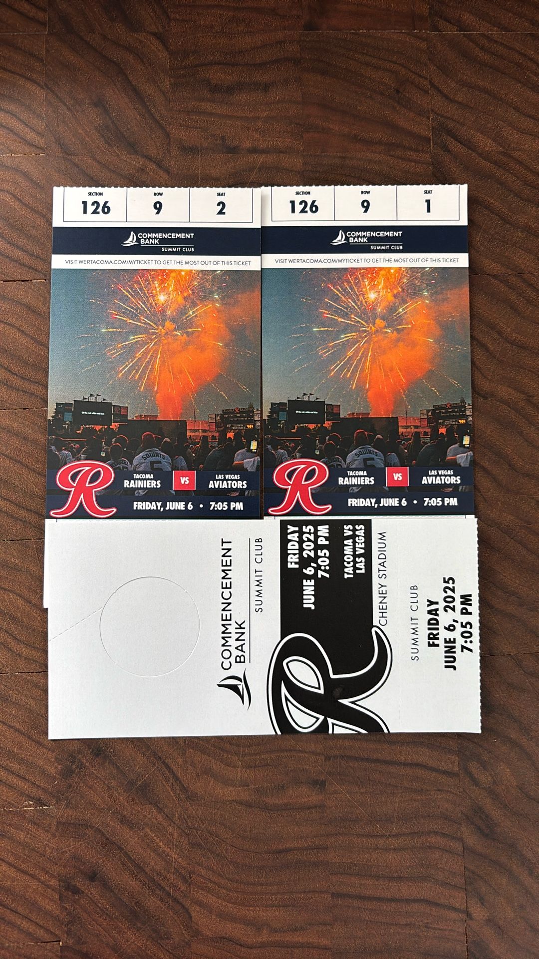 Two Tacoma Rainiers’s Summit club tickets for Friday, June 6