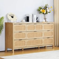 Natural Rattan Dresser Large Long Wooden Storage Cabinet with 9 Drawers