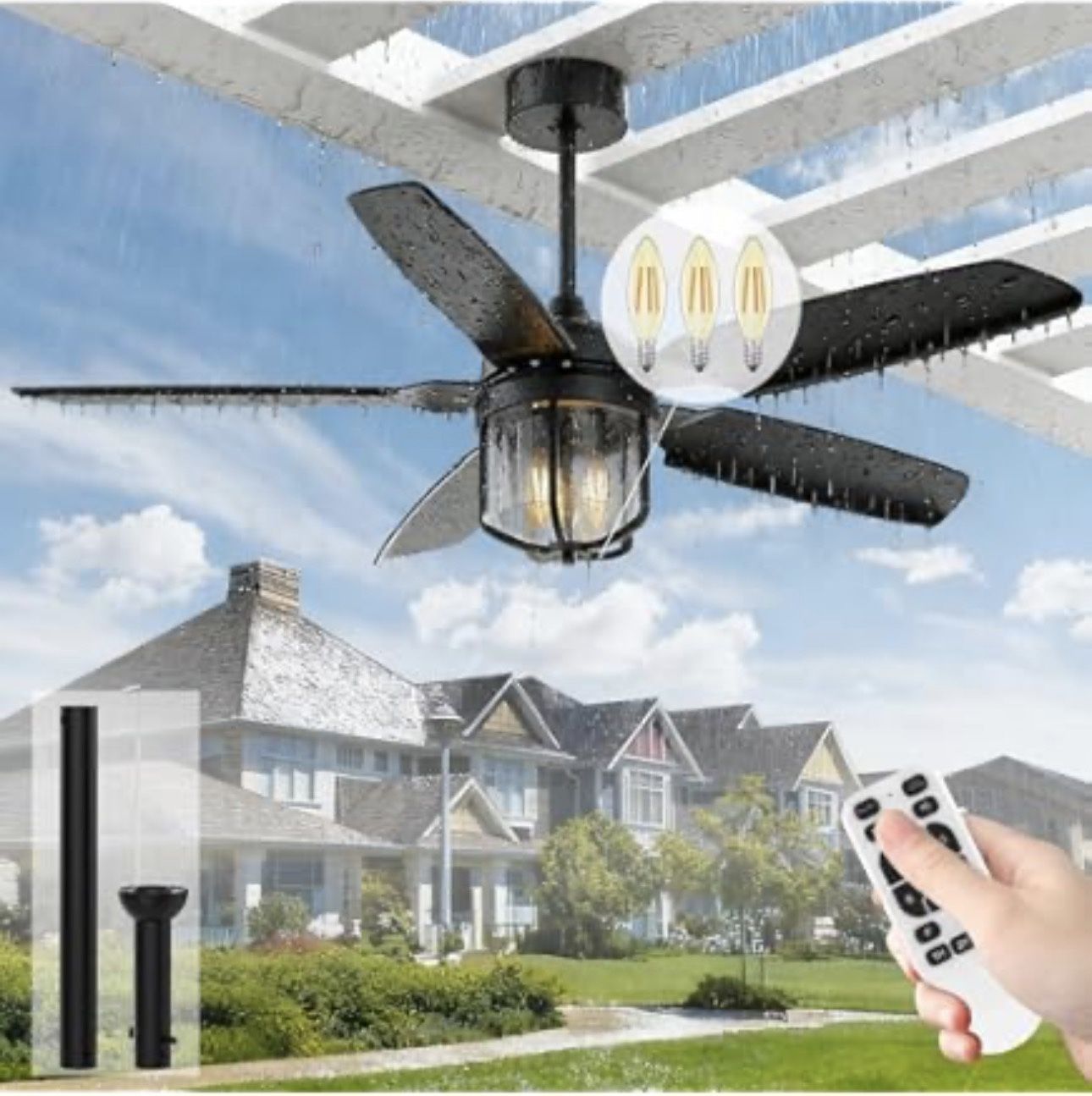 New 52 inch Outdoor Ceiling Fans with Lights for Patios, IP65 Waterproof Ceiling Fan with Remote and 6-Speed DC Motor, Gazebo Ceiling Fan for Porch Pa