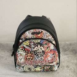 Ed Hardy Vibrant Tattoo Art Graphic Vegan Leather Backpack