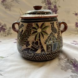 Vintage Mexican Tlaquepaque Redware Pottery Bean Pot w/Lid Hand Painted