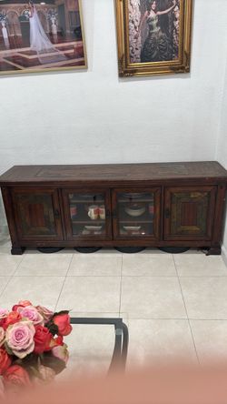 Dark Wood Sideboard Buffet Cabinet with Glass Doors