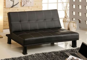 Black Leather Baseball Stiching Futon Sofa Bed!