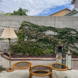  80s postmodern 3 tier extendable oak coffee table   Description:  Coffee table/Mirror pedestals/ Oak and Brass lamp