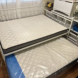 Queen And Brand New Full Mattress With Rolling Frame