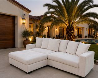 Like New 102" L-Shaped Sectional Sofa with Deep Seats and Loose Back, Oversized Beige Corduroy