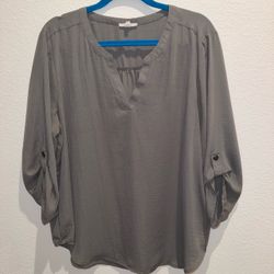 Maurice’s Gray V-Neck Blouse with Roll-Tab Sleeves XXL
