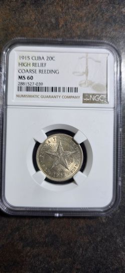 Cuban coin - Rare Variety - 1915 20 centavos HRCR - NGC MS60