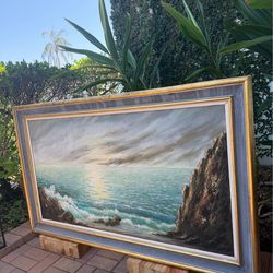 Huge  5ft vintage Spanish seascape wood frame
