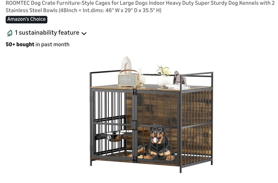 ROOMTEC Dog Crate Furniture-Style Cages for Large Dogs Indoor Heavy Duty Super Sturdy Dog Kennels with 2 Stainless Steel Bowls (48Inch = Int.dims: 46"