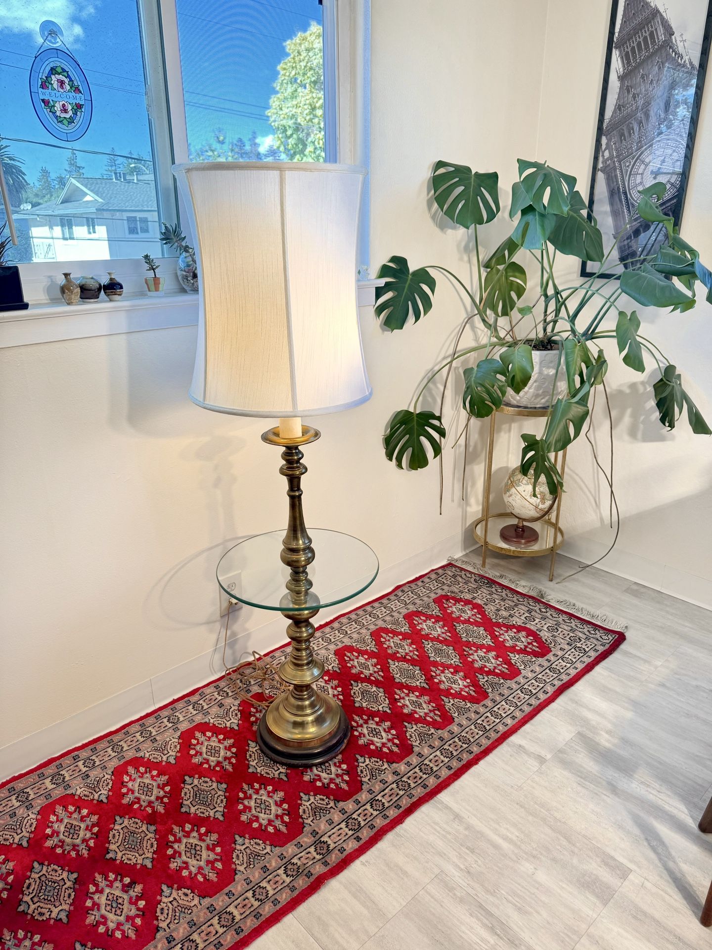 Vintage Mid Century Modern Brass Floor Lamp with Built-In Glass Side Table