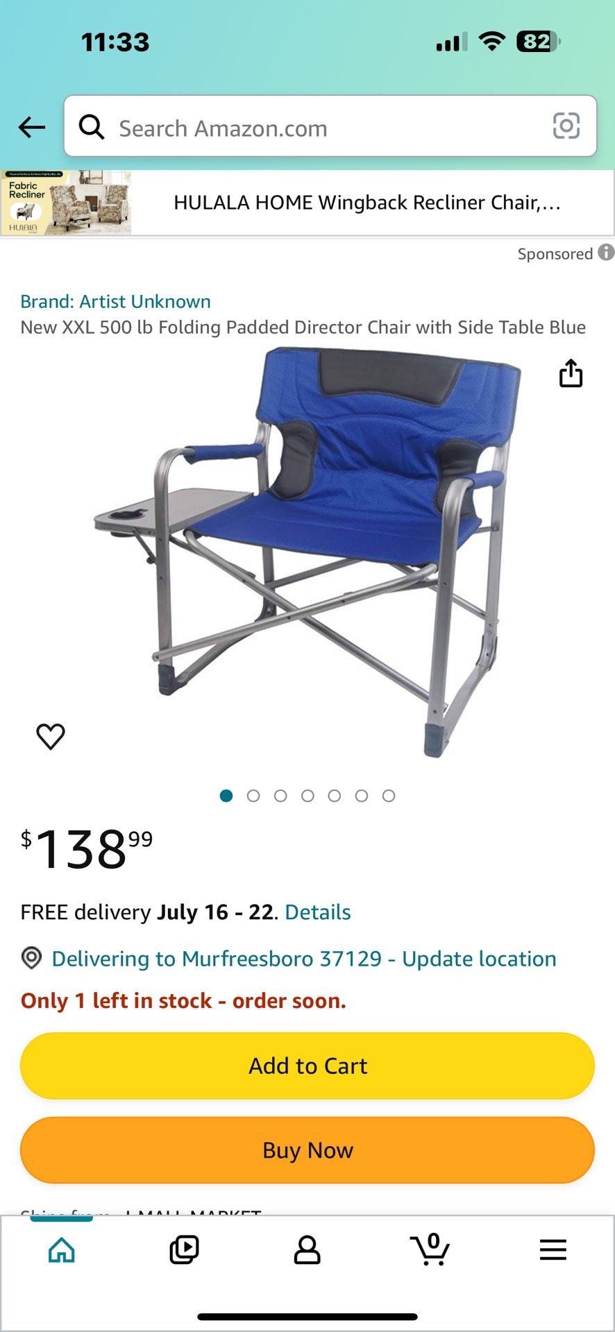 New XXL 500 lb Folding Padded Director Chair with Side Table Blue