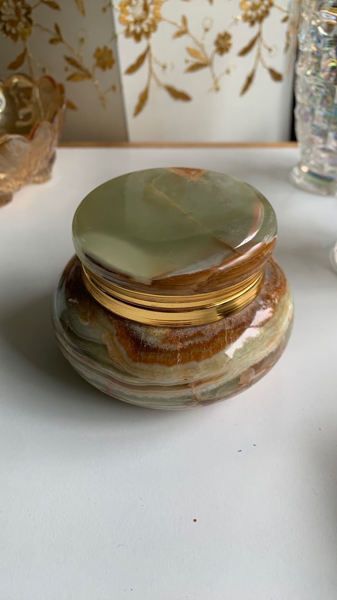 Vintage Green Onyx Marble Trinket Jewelry Box w/ 5” Hinged lid - Excellent Cond