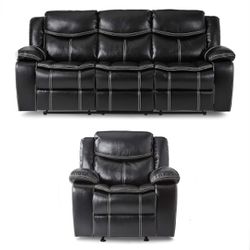 New 2 Piece Black Leather Living Room Set - Reclining Sofa / Couch and Recliner Chair (Can Deliver)