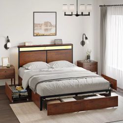 New Modern Full Size Bed Frame with 4 Storage Drawers & LED Headboard & Charging Station
