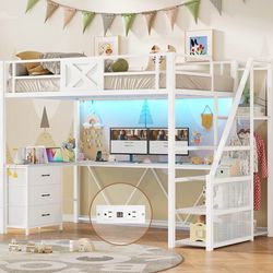 White Twin size lift bed w/ L-shaped desk