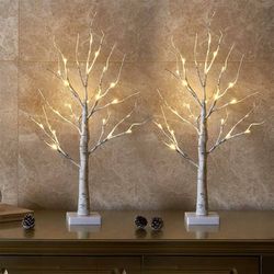 Lighted Birch Tree Christmas Decorations Indoor for Home, 2Pack 24 LED Battery Operated/USB Tabletop Mini Small Artificial White Trees with Lights for