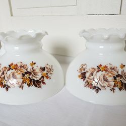Pair of Vintage Glass Lamp Shades with Brown Tone Flowers