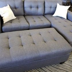 Brand New Grey Linen Sectional Sofa +Ottoman (New In Box) 