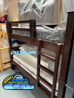 Double Stacked Pine Wood Brown Solid Bunk Bed Complete Set Mattresses Included- Litera Cama Completa Cafe Madera Con Colchones
