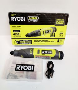 Ryobi USB Lithium rotary tool kit. Has 15 accessories in clear case. Tool free QuickChange for fast accessory changes. Ideal for sanding, carving, pol