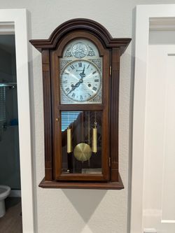 Hanging Grandfather clock brown  wooden 26”x12”