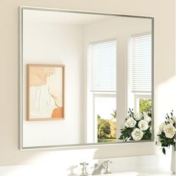Bathroom Mirror for Over Sink Brushed Nickel Beveled Frame 42" x 36" Rectangle Bathroom Vanity Wall Mirror, Tempered Glass, Stronger Frame, Modern Far