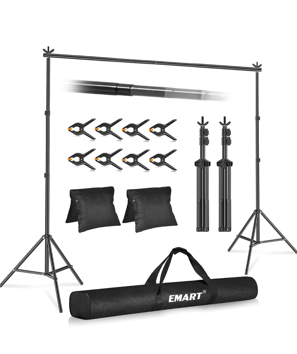 EMART Backdrop Stand 10x7ft(WxH) Photo Studio Adjustable Background Stand Support Kit with 2 Crossbars, 8 Backdrop Clamps, 2 Sandbags and Carrying Bag