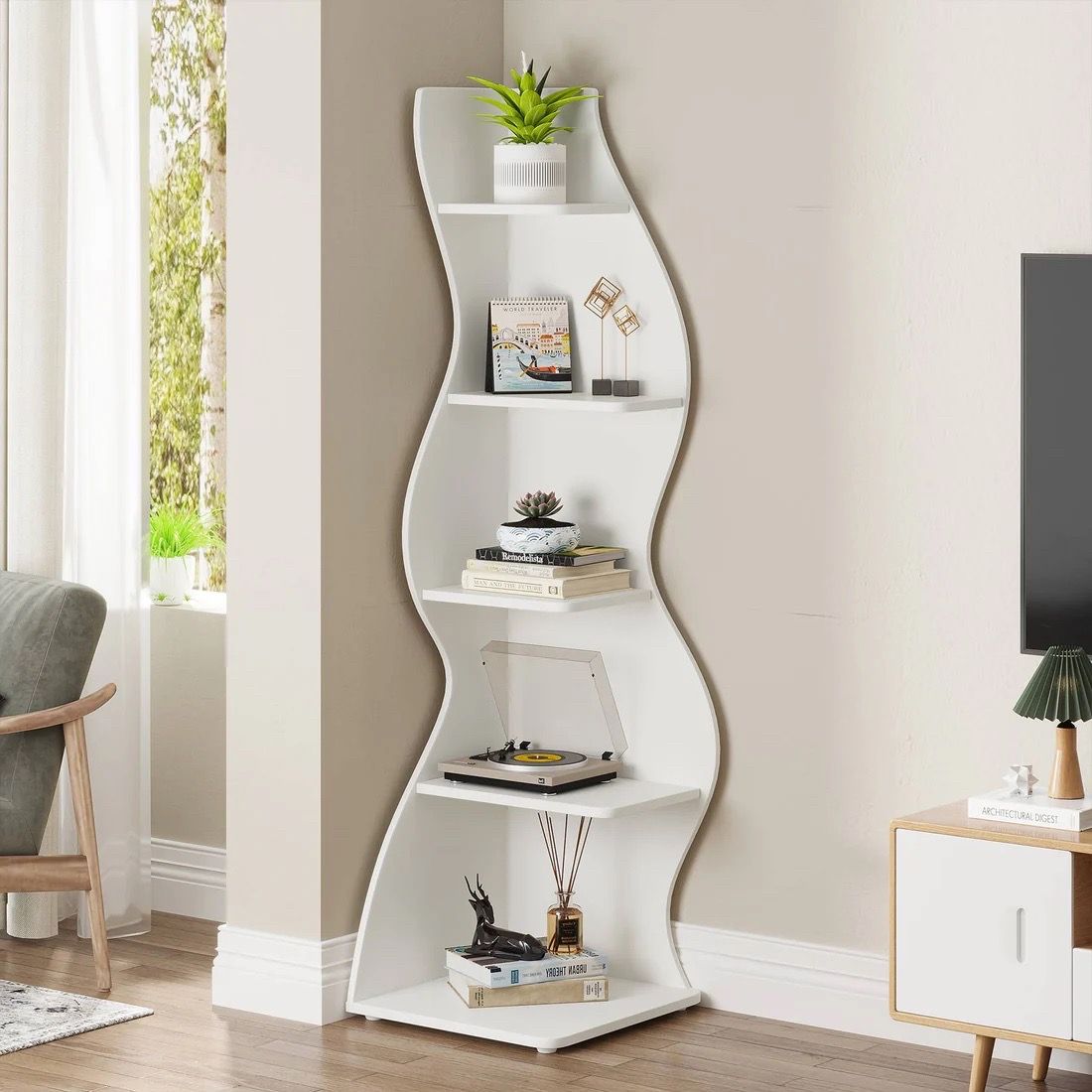 5-Tier Corner Shelf – Rustic Space-Saving Bookshelf